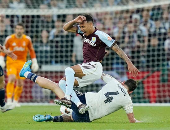 Birmingham, England, 7th May 2026. Morato of Nottingham Forest fouls Morgan Rogers of Aston Villa during the Aston Villa vs Nottingham Forest UEFA Europa League semi final match 2nd leg match at Villa Park, Birmingham. Picture credit should read: Andrew Yates Sportimage EDITORIAL USE ONLY. No use with unauthorised audio, video, data, fixture lists, club league logos or live services. Online in-match use limited to 120 images, no video emulation. No use in betting, games or single club league player publications. SPI_048_AY_Villa_Forest SPI-4782-0048