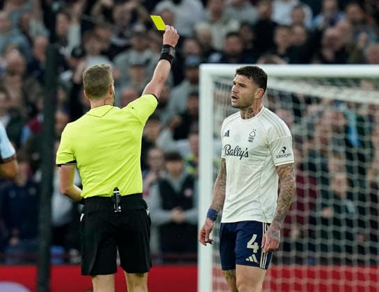 Birmingham, England, 7th May 2026. Morato of Nottingham Forest receives a yellow card during the Aston Villa vs Nottingham Forest UEFA Europa League semi final match 2nd leg match at Villa Park, Birmingham. Picture credit should read: Andrew Yates Sportimage EDITORIAL USE ONLY. No use with unauthorised audio, video, data, fixture lists, club league logos or live services. Online in-match use limited to 120 images, no video emulation. No use in betting, games or single club league player publications. SPI_049_AY_Villa_Forest SPI-4782-0049