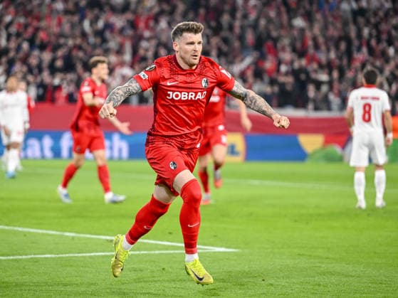Lukas Kübler SC Freiburg celebrates after scoring his team s first goal during the UEFA Europa League 2025 26 Semi Final Second Leg match between Sport Club Freiburg and SC Braga at Stadion am Wolfswinkel on May 7, 2026 in Freiburg im Breisgau, Germany Photo by Harry Langer DeFodi Images