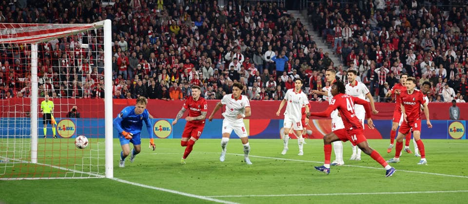 07 05 26 SC Freiburg SC Braga Germany, Freiburg, 07 05 2026, Football, Europa League, Season 2025 2026, Semi-final, SC Freiburg SC Braga Lukas Kübler SC Freiburg Goal 1 0 Kübler