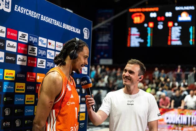 GER, easy Credit Basketball Bundesliga, Niners Chemnitz Frankfurt Skyliners 07 05 2026, Messe, Chemnitz, GER, easy Credit Basketball Bundesliga, Niners Chemnitz Frankfurt Skyliners Kevin Yebo Niners Chemnitz, 0 at the interview with DYN Foto Alexander Trienitz Chemnitz Messe Sachsen Germany