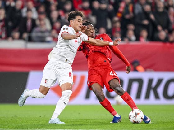 Vitor Carvalho SC Braga and Johan Manzambi SC Freiburg battle for the ball during the UEFA Europa League 2025 26 Semi Final Second Leg match between Sport Club Freiburg and SC Braga at Stadion am Wolfswinkel on May 7, 2026 in Freiburg im Breisgau, Germany Photo by Harry Langer DeFodi Images