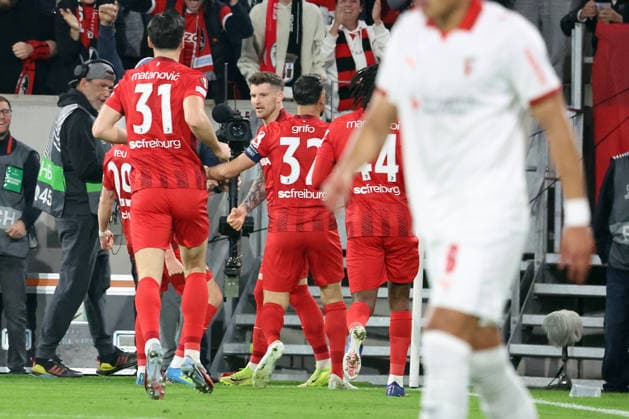 07 05 2026, xrekx, Football UEFA Europa League, SC Freiburg Sporting Braga v l Torjubel nach dem Tor zum celebrating the goal celebrate 1 0 durch Lukas Kübler Kuebler SC Freiburg DFL DFB REGULATIONS PROHIBIT ANY USE OF PHOTOGRAPHS as IMAGE SEQUENCES and or QUASI VIDEO Freiburg