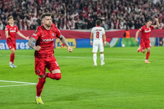 UEFA Europa League SC Freiburg vs Sporting Braga, 07 04 2026 Lukas Kübler celebrates the 1-0 goal SC Freiburg, 17 UEFA Europa League SC Freiburg vs Sporting Braga, Europa Park Stadium, 07 04 2026 Copyright: xBEAUTIFULxSPORTS Boscox