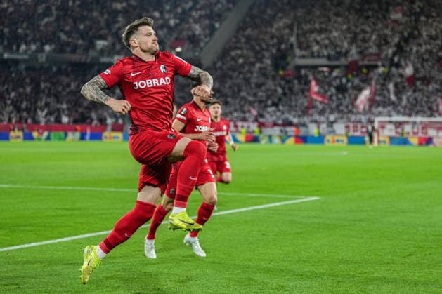 UEFA Europa League SC Freiburg vs Sporting Braga, 07 04 2026 Lukas Kübler celebrates the 1-0 goal SC Freiburg, 17 UEFA Europa League SC Freiburg vs Sporting Braga, Europa Park Stadium, 07 04 2026 Copyright: xBEAUTIFULxSPORTS Boscox