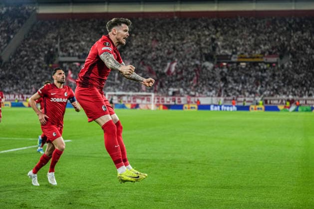 UEFA Europa League SC Freiburg vs Sporting Braga, 07 04 2026 Lukas Kübler celebrates the 1-0 goal SC Freiburg, 17 UEFA Europa League SC Freiburg vs Sporting Braga, Europa Park Stadium, 07 04 2026 Copyright: xBEAUTIFULxSPORTS Boscox