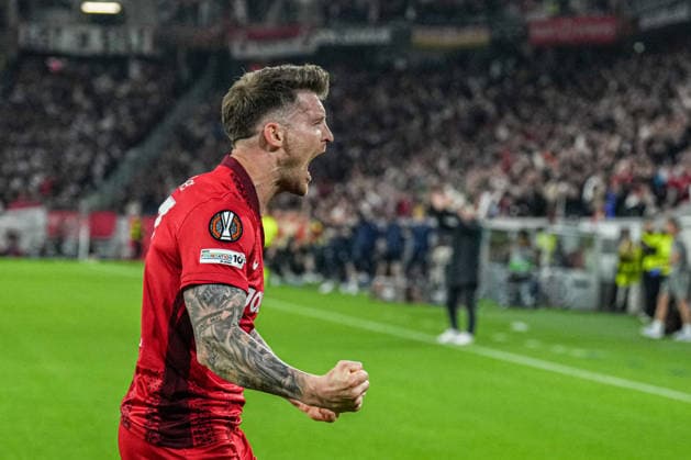 UEFA Europa League SC Freiburg vs Sporting Braga, 07 04 2026 Lukas Kübler celebrates the 1-0 goal SC Freiburg, 17 UEFA Europa League SC Freiburg vs Sporting Braga, Europa Park Stadium, 07 04 2026 Copyright: xBEAUTIFULxSPORTS Boscox