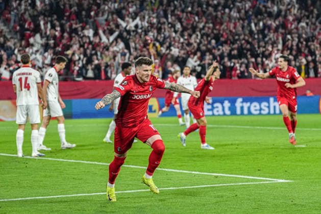 UEFA Europa League SC Freiburg vs Sporting Braga, 07 04 2026 Lukas Kübler celebrates the 1-0 goal SC Freiburg, 17 UEFA Europa League SC Freiburg vs Sporting Braga, Europa Park Stadium, 07 04 2026 Copyright: xBEAUTIFULxSPORTS Boscox