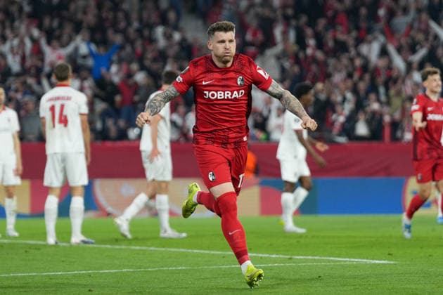 Lukas Kübler Lukas Kuebler SC Freiburg, 17 goal celebration, emotions, goal shot, finish, goal success, goal, goal , Germany, football, UEFA Europa League, semi-final, second leg, 2025 2026, SC Freiburg vs SC Braga, 07 05 2026, Europa Park Stadion, Freiburg Freiburg Europa Park Stadion Baden Württemberg Germany Copyright: xArnexAmbergx