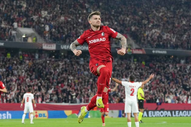 Lukas Kübler Lukas Kuebler SC Freiburg, 17 goal celebration, emotions, goal shot, finish, goal success, goal, goal , Germany, football, UEFA Europa League, semi-final, second leg, 2025 2026, SC Freiburg vs SC Braga, 07 05 2026, Europa Park Stadion, Freiburg Freiburg Europa Park Stadion Baden Württemberg Germany Copyright: xArnexAmbergx