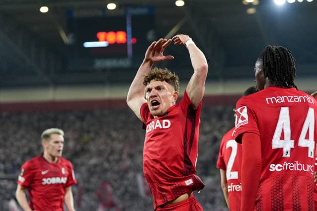 Philipp Treu SC Freiburg, 29 goal celebration, emotions, goal shot, goal, goal, goal, Germany, football, UEFA Europa League, semi-final, second leg, 2025 2026, SC Freiburg vs SC Braga, 07 05 2026, Europa Park Stadion, Freiburg Freiburg Europa Park Stadion Baden Württemberg Germany Copyright: xArnexAmbergx
