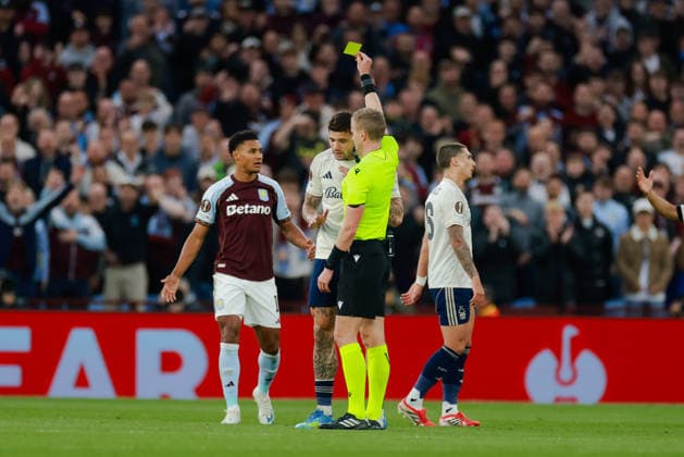 Europa League 2025 26 Semi Final 2nd Leg Aston Villa vs Nottingham Forest Villa Park 07.05.2026 Morato of Nottingham Forest shown a yellow card by Referee Glenn Nyberg Europa League 2025 26 Semi Final 2nd Leg Aston Villa vs Nottingham Forest Villa Park 07.05.2026 Photograph By Marc Aspland The Times  Copyright: xMarcxAsplandx NINTCHDBPICT001078965585
