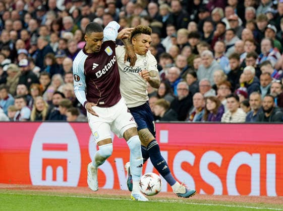 Birmingham, England, 7th May 2026. Ezri Konsa of Aston Villa tussles with Igor Jesus of Nottingham Forest during the Aston Villa vs Nottingham Forest UEFA Europa League semi final match 2nd leg match at Villa Park, Birmingham. Picture credit should read: Andrew Yates Sportimage EDITORIAL USE ONLY. No use with unauthorised audio, video, data, fixture lists, club league logos or live services. Online in-match use limited to 120 images, no video emulation. No use in betting, games or single club league player publications. SPI_054_AY_Villa_Forest SPI-4782-0054