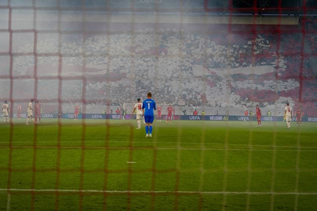 Germany Soccer Europa League 2025 2026, semi-final SC Freiburg vs Sporting Braga Europa Park Stadion Freiburg Lukas Hornicek SC Braga, 1 spectator, fans, stands, flag, banner, banner, choreography, fan choreography, Copyright: xJOERANxSTEINSIEKx