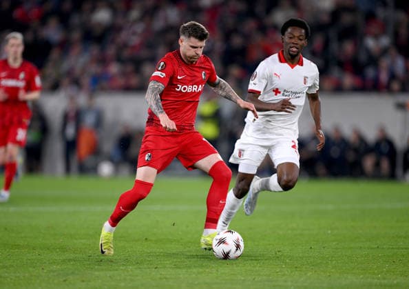 FOOTBALL EUROPE LEAGUE SEASON 2025 2026 Semi-final second leg 07 05 2026 SC Freiburg SC Braga On the way to score 1 0, goal scorer Lukas Kuebler left, SC Freiburg v Gorby right, SC Braga