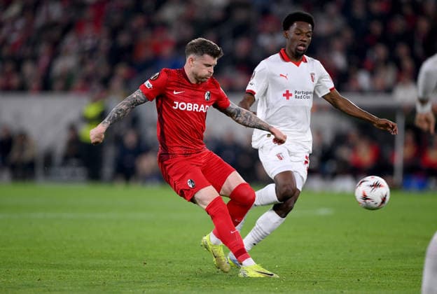 FOOTBALL EUROPE LEAGUE SEASON 2025 2026 Semi-final second leg 07 05 2026 SC Freiburg SC Braga On the way to score 1 0, goal scorer Lukas Kuebler left, SC Freiburg v Gorby right, SC Braga