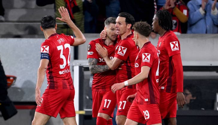 FOOTBALL EUROPE LEAGUE SEASON 2025 2026 semi-final second leg 07 05 2026 SC Freiburg SC Braga cheering SC Freiburg after the goal to 1 0, from left , Vincenzo Grifo , goalkeeper Lukas Kuebler , Nicolas Hoefler