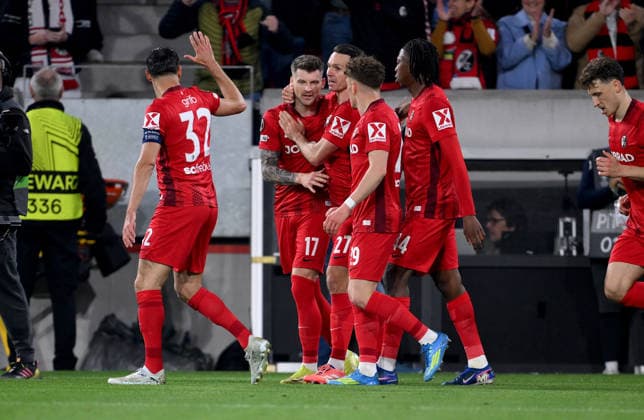FOOTBALL EUROPE LEAGUE SEASON 2025 2026 semi-final second leg 07 05 2026 SC Freiburg SC Braga cheering SC Freiburg after the goal to 1 0, from left , Vincenzo Grifo , goalkeeper Lukas Kuebler , Nicolas Hoefler