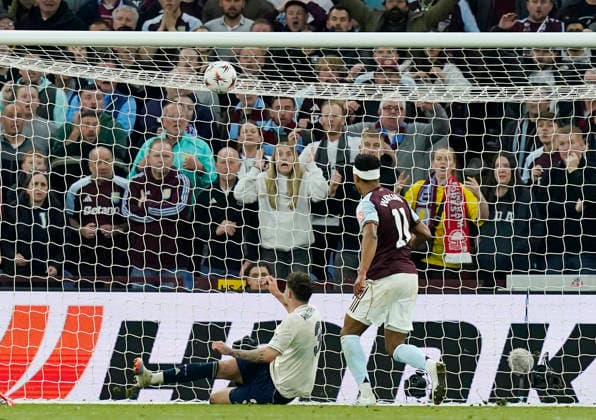 Birmingham, England, 7th May 2026. Ollie Watkins of Aston Villa scoring th first goal during the Aston Villa vs Nottingham Forest UEFA Europa League semi final match 2nd leg match at Villa Park, Birmingham. Picture credit should read: Andrew Yates Sportimage EDITORIAL USE ONLY. No use with unauthorised audio, video, data, fixture lists, club league logos or live services. Online in-match use limited to 120 images, no video emulation. No use in betting, games or single club league player publications. SPI_058_AY_Villa_Forest SPI-4782-0058