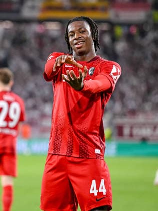 Johan Manzambi SC Freiburg celebrates after scoring his team s second goal during the UEFA Europa League 2025 26 Semi Final Second Leg match between Sport Club Freiburg and SC Braga at Stadion am Wolfswinkel on May 7, 2026 in Freiburg im Breisgau, Germany Photo by Harry Langer DeFodi Images