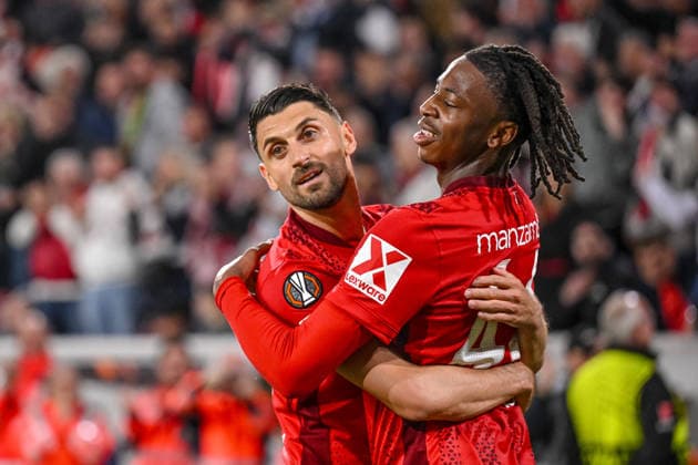 Johan Manzambi SC Freiburg celebrates after scoring his team s second goal with teammates during the UEFA Europa League 2025 26 Semi Final Second Leg match between Sport Club Freiburg and SC Braga at Stadion am Wolfswinkel on May 7, 2026 in Freiburg im Breisgau, Germany Photo by Harry Langer DeFodi Images