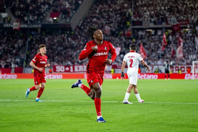 GER, Europa League, semi-final, SC Freiburg vs Sporting Braga 07 05 2026, Europa Park Stadion, Freiburg, GER, Europa League, semi-final, SC Freiburg vs Sporting Braga, in the picture Johan Manzambi SC Freiburg, 44 celebrates the goal to 2 0, nordphotoxGmbHx xMemmler nph00005