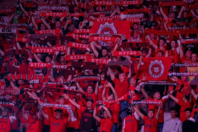 Rytas Vilnius v La Laguna Tenerife - Basketball Champions League Final Four Semifinal Fans of Rytas Vilnius support their team during the semifinal of the Basketball Champions League Final Four against Laguna Tenerife at the Palau Olimpic de Badalona in Badalona, Spain, on May 7, 2026. Barcelona Spain  Copyright: xLeonardoxGerzonx originalFilename:gerzon-notitle260507_nphek.jpg