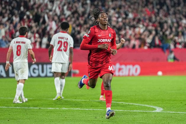 UEFA Europa League SC Freiburg vs Sporting Braga, 07 04 2026 Johan Manzambi SC Freiburg celebrates the 2-0 goal, 44 UEFA Europa League SC Freiburg vs Sporting Braga, Europa Park Stadium, 07 04 2026 Copyright: xBEAUTIFULxSPORTS Boscox