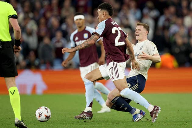 Aston Villa FC v Nottingham Forest FC - UEFA Europa League 2025 26 Semi-Final Second Leg Morgan Rogers of Aston Villa and Elliot Anderson of Nottingham Forest challenge during the UEFA Europa League 2025 26 Semi-Final Second Leg match between Aston Villa FC and Nottingham Forest FC at Villa Park on May 7, 2026 in Birmingham, England. WARNING! This Photograph May Only Be Used For Newspaper And Or Magazine Editorial Purposes. May Not Be Used For Publications Involving 1 player, 1 Club Or 1 Competition Without Written Authorisation From Football DataCo Ltd. For Any Queries, Please Contact Football DataCo Ltd on +44 (0) 207 864 9121 Birmingham Villa Park England United Kingdom Copyright: xAllstarxPicturexLibraryxLtdx