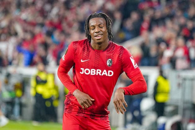 Germany Soccer Europa League 2025 2026, semi-final SC Freiburg vs Sporting Braga Europa Park Stadion Freiburg Goal and goal celebration to 2 0 by Johan Manzambi SC Freiburg, 44 Joy, emotions, jubilation, dance of friends Copyright: xJOERANxSTEINSIEKx