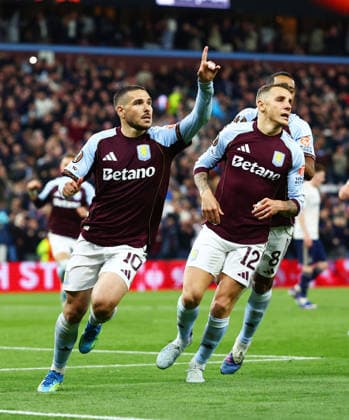 Emi Buendia of Aston Villa celebrates scoring a goal after making the score 2-0. Aston Villa v Nottingham Forest, UEFA Europa League, Semi Final, Second Leg, Football, Villa Park, Birmingham, UK - 07 May 2026Birmingham Villa Park United Kingdom EDITORIAL USE ONLY No use with unauthorised audio, video, data, fixture lists, club league logos or live services. Online in-match use limited to 120 images, no video emulation. No use in betting, games or single club league player publications. Copyright: xJamesxMarsh Shutterstockx 16861510cc