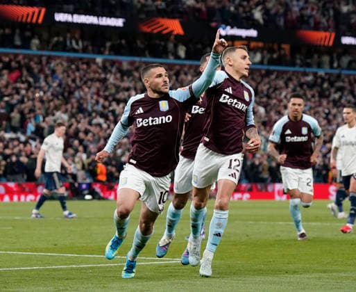 Birmingham, England, 7th May 2026. Emiliano Buendia of Aston Villa celebrates scoring their second goal during the Aston Villa vs Nottingham Forest UEFA Europa League semi final match 2nd leg match at Villa Park, Birmingham. Picture credit should read: Andrew Yates Sportimage EDITORIAL USE ONLY. No use with unauthorised audio, video, data, fixture lists, club league logos or live services. Online in-match use limited to 120 images, no video emulation. No use in betting, games or single club league player publications. SPI_069_AY_Villa_Forest SPI-4782-0069