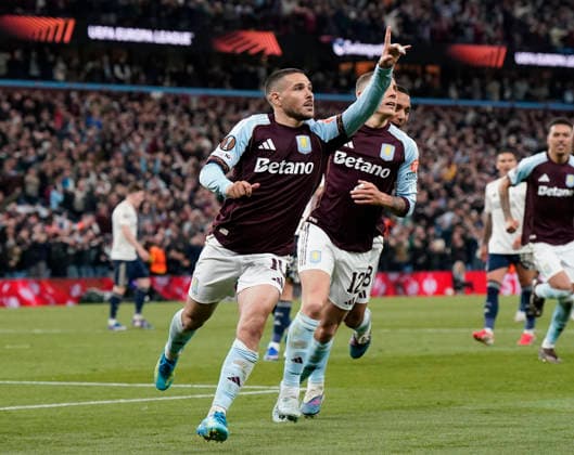 Birmingham, England, 7th May 2026. Emiliano Buendia of Aston Villa celebrates scoring their second goal during the Aston Villa vs Nottingham Forest UEFA Europa League semi final match 2nd leg match at Villa Park, Birmingham. Picture credit should read: Andrew Yates Sportimage EDITORIAL USE ONLY. No use with unauthorised audio, video, data, fixture lists, club league logos or live services. Online in-match use limited to 120 images, no video emulation. No use in betting, games or single club league player publications. SPI_070_AY_Villa_Forest SPI-4782-0070