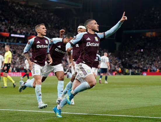 Birmingham, England, 7th May 2026. Emiliano Buendia of Aston Villa celebrates scoring their second goal during the Aston Villa vs Nottingham Forest UEFA Europa League semi final match 2nd leg match at Villa Park, Birmingham. Picture credit should read: Andrew Yates Sportimage EDITORIAL USE ONLY. No use with unauthorised audio, video, data, fixture lists, club league logos or live services. Online in-match use limited to 120 images, no video emulation. No use in betting, games or single club league player publications. SPI_071_AY_Villa_Forest SPI-4782-0071