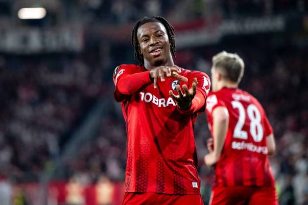 GER, Europa League, semi-final, SC Freiburg vs Sporting Braga 07 05 2026, Europa Park Stadion, Freiburg, GER, Europa League, semi-final, SC Freiburg vs Sporting Braga, in the picture Johan Manzambi SC Freiburg, 44 celebrates the goal to 2 0, nordphotoxGmbHx xMemmler nph00005