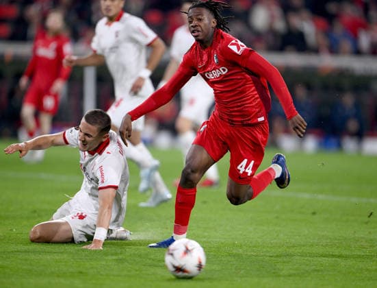 FOOTBALL EUROPE LEAGUE SEASON 2025 2026 Semi-final second leg 07 05 2026 SC Freiburg SC Braga Gustaf Lagerbielke left, SC Braga v Johan Manzambi right, SC Freiburg