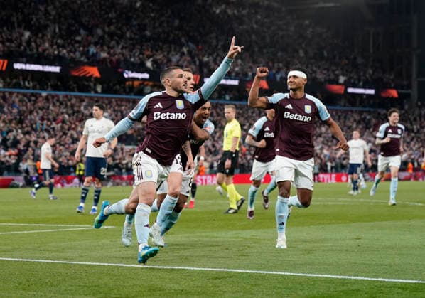Birmingham, England, 7th May 2026. Emiliano Buendia of Aston Villa celebrates scoring their second goal during the Aston Villa vs Nottingham Forest UEFA Europa League semi final match 2nd leg match at Villa Park, Birmingham. Picture credit should read: Andrew Yates Sportimage EDITORIAL USE ONLY. No use with unauthorised audio, video, data, fixture lists, club league logos or live services. Online in-match use limited to 120 images, no video emulation. No use in betting, games or single club league player publications. SPI_074_AY_Villa_Forest SPI-4782-0074