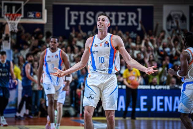 easycredit BBL Basketball Bundesliga 2025 2026 33 Matchday 07 05 2026 Science City Jena vs MLP Academics Heidelberg Joe Wieskamp Jena celebrates the 3-pointer to stay in the league Sparkassen Arena