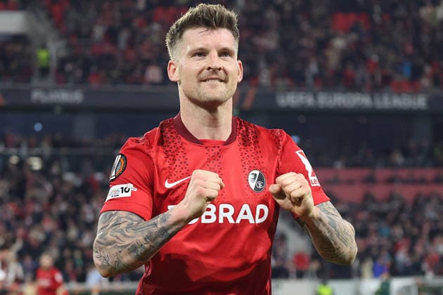 07 05 2026, xrekx, Football UEFA Europa League, SC Freiburg Sporting Braga v l Torjubel nach dem Tor zum celebrating the goal celebrate 3 0 durch Lukas Kübler Kuebler SC Freiburg DFL DFB REGULATIONS PROHIBIT ANY USE OF PHOTOGRAPHS as IMAGE SEQUENCES and or QUASI VIDEO Freiburg