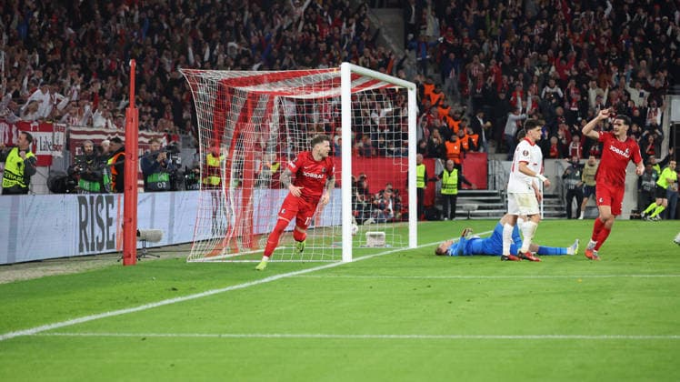 07 05 2026, xrekx, Football UEFA Europa League, SC Freiburg Sporting Braga v l Torjubel nach dem Tor zum celebrating the goal celebrate 3 0 durch Lukas Kübler Kuebler SC Freiburg DFL DFB REGULATIONS PROHIBIT ANY USE OF PHOTOGRAPHS as IMAGE SEQUENCES and or QUASI VIDEO Freiburg