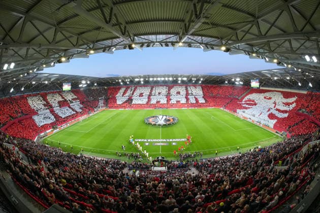 Choreography of the fans, Ultras, banners, flags, scarf, grandstand, choreography, Germany, football, UEFA Europa League, semi-final, second leg, 2025 2026, SC Freiburg vs SC Braga, 07 05 2026, Europa Park Stadion, Freiburg Freiburg Europa Park Stadion Baden Württemberg Germany Copyright: xArnexAmbergx
