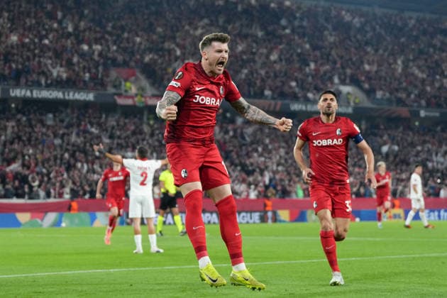 Lukas Kübler Lukas Kuebler SC Freiburg, 17 goal celebration, emotions, goal shot, finish, goal success, goal, goal , Germany, football, UEFA Europa League, semi-final, second leg, 2025 2026, SC Freiburg vs SC Braga, 07 05 2026, Europa Park Stadion, Freiburg Freiburg Europa Park Stadion Baden Württemberg Germany Copyright: xArnexAmbergx