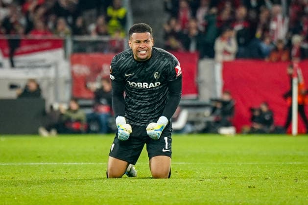Germany Soccer Europa League 2025 2026, semi-final SC Freiburg vs Sporting Braga Europa Park Stadion Freiburg Goal and goal celebration, joy, emotions, cheering Noah Atubolu SC Freiburg, 01 facial expression, facial expression, emotion, gesture, gesture, emotion Copyright: xJOERANxSTEINSIEKx