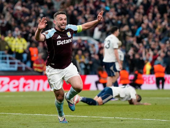Birmingham, England, 7th May 2026. John McGinn of Aston Villa celebrates scoring their fourth goal during the Aston Villa vs Nottingham Forest UEFA Europa League semi final match 2nd leg match at Villa Park, Birmingham. Picture credit should read: Andrew Yates Sportimage EDITORIAL USE ONLY. No use with unauthorised audio, video, data, fixture lists, club league logos or live services. Online in-match use limited to 120 images, no video emulation. No use in betting, games or single club league player publications. SPI_102_AY_Villa_Forest SPI-4782-0102