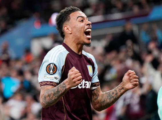 Birmingham, England, 7th May 2026. Morgan Rogers of Aston Villa celebrates during the Aston Villa vs Nottingham Forest UEFA Europa League semi final match 2nd leg match at Villa Park, Birmingham. Picture credit should read: Andrew Yates Sportimage EDITORIAL USE ONLY. No use with unauthorised audio, video, data, fixture lists, club league logos or live services. Online in-match use limited to 120 images, no video emulation. No use in betting, games or single club league player publications. SPI_103_AY_Villa_Forest SPI-4782-0103