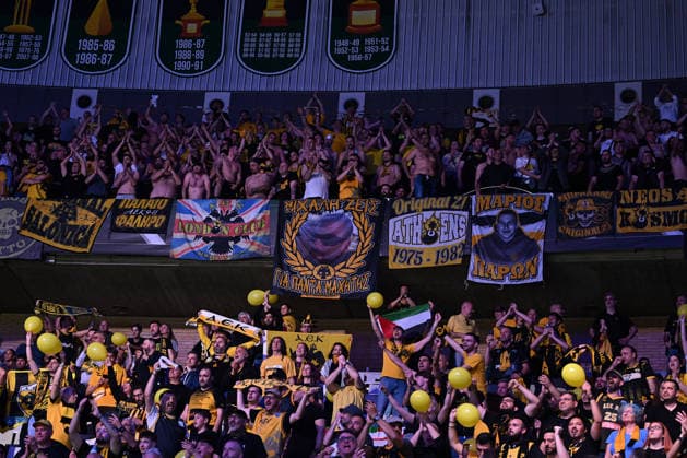 Unicaja v AEK BC - Basketball Champions League BADALONA, SPAIN - MAY 07: Fans open a Palestinian flag during the FIBA Basketball Champions League semi-final match between Unicaja and AEK BC at Palau Municipal d Esports de Badalona in Badalona, Spain on May 07, 2026. Burak Akbulut Anadolu Badalona Spain. Editorial use only. Please get in touch for any other usage.  Copyright: x2026xAnadoluxBurakxAkbulutx