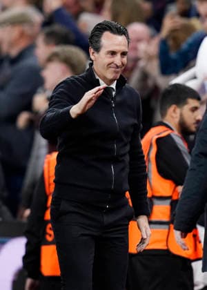Birmingham, England, 7th May 2026. Unai Emery head coach of Aston Villa celebrates during the Aston Villa vs Nottingham Forest UEFA Europa League semi final match 2nd leg match at Villa Park, Birmingham. Picture credit should read: Andrew Yates Sportimage EDITORIAL USE ONLY. No use with unauthorised audio, video, data, fixture lists, club league logos or live services. Online in-match use limited to 120 images, no video emulation. No use in betting, games or single club league player publications. SPI_107_AY_Villa_Forest SPI-4782-0107