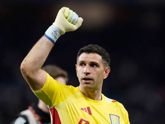Birmingham, England, 7th May 2026. Emiliano Martinez of Aston Villa celebrates during the Aston Villa vs Nottingham Forest UEFA Europa League semi final match 2nd leg match at Villa Park, Birmingham. Picture credit should read: Andrew Yates Sportimage EDITORIAL USE ONLY. No use with unauthorised audio, video, data, fixture lists, club league logos or live services. Online in-match use limited to 120 images, no video emulation. No use in betting, games or single club league player publications. SPI_110_AY_Villa_Forest SPI-4782-0109