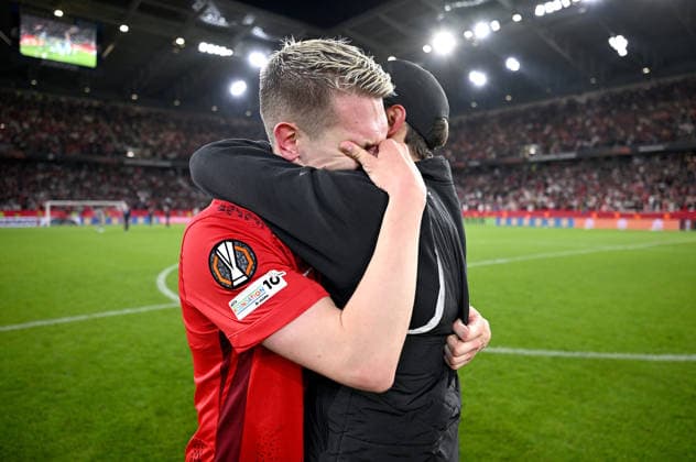 FOOTBALL EUROPE LEAGUE SEASON 2025 2026 Semi-final second leg 07 05 2026 SC Freiburg SC Braga Cheering SC Freiburg after the victory and entry into the final, from left, coach Julian Schuster with Matthias Ginter