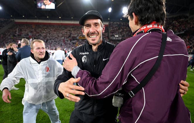 FOOTBALL EUROPA LEAGUE SEASON 2025 2026 semi-final second leg 07 05 2026 SC Freiburg SC Braga cheering SC Freiburg after the victory and entry into the final, coach Julian Schuster